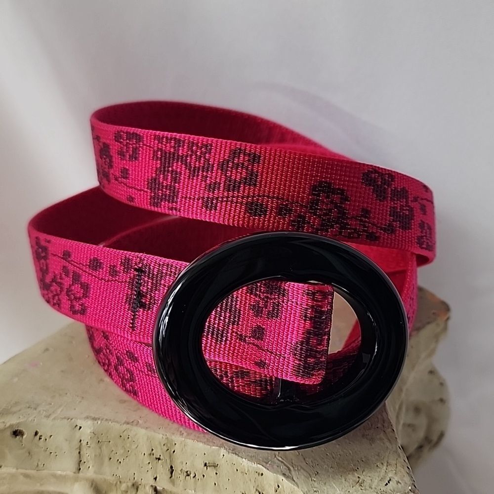 Pink & Black Floral Belt With Glossy Black Oval Buckle